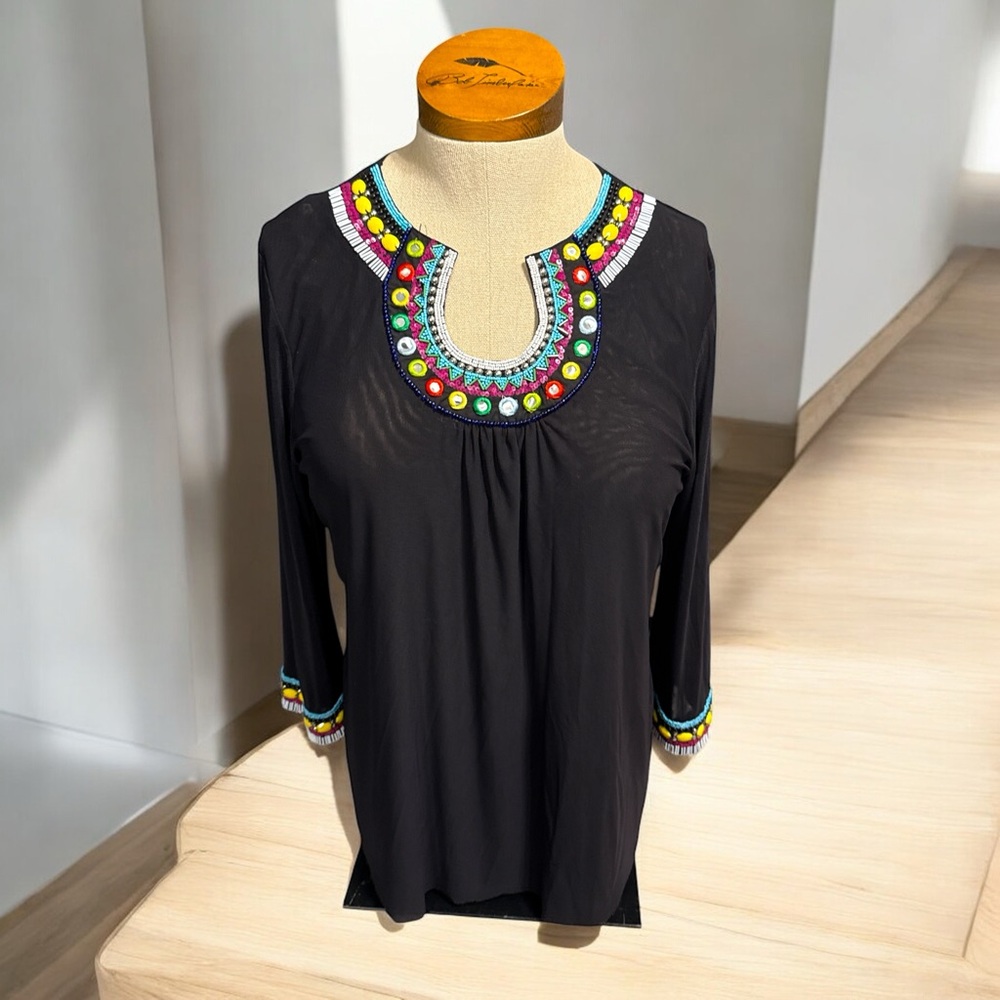 Black Embellished long Sleeve Bib Collar beaded Blouse